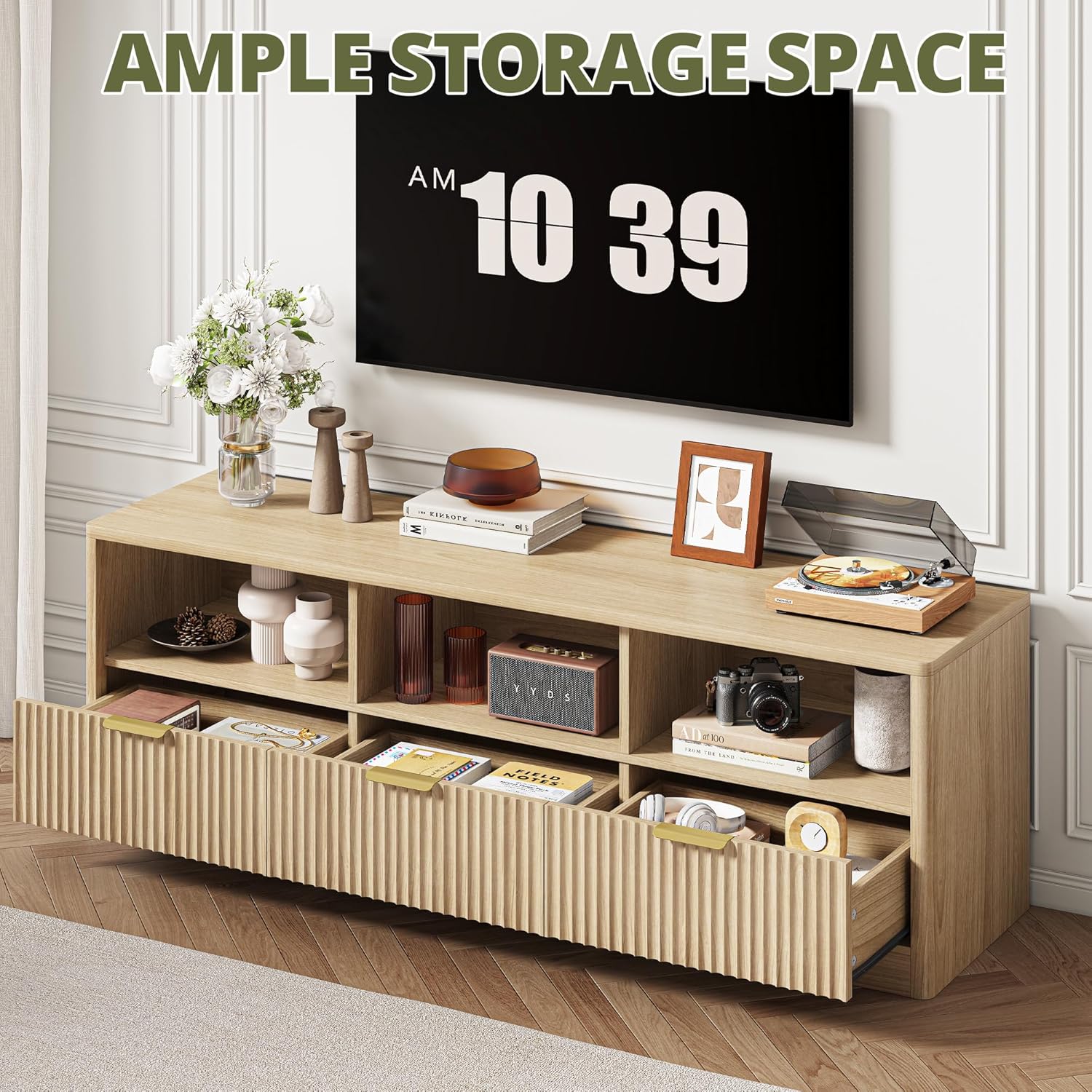 IRONCK 59" Fluted TV Stand, Modern Entertainment Center for TVs Up to 65", Media Console with Drawers and Open Shelf, TV Stands for Living Room & Bedroom, Natural Oak