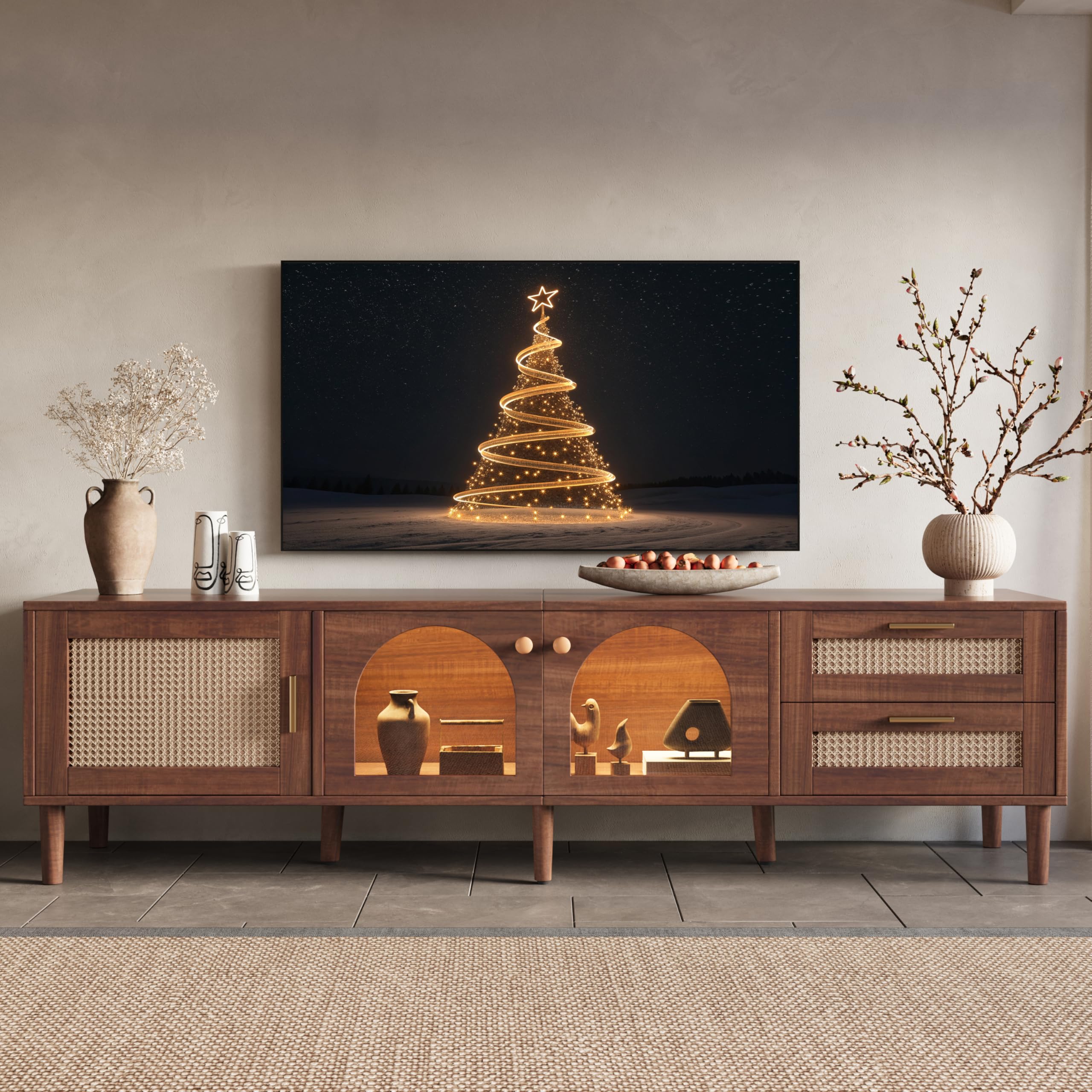 Merax Rattan TV Stand with LED Lights, 70" Entertainment Center with 3 Cabinets & 2 Drawers Media Console Table for TVs Up to 80", Solid Wood Feet, Living Room, Bedroom Furniture
