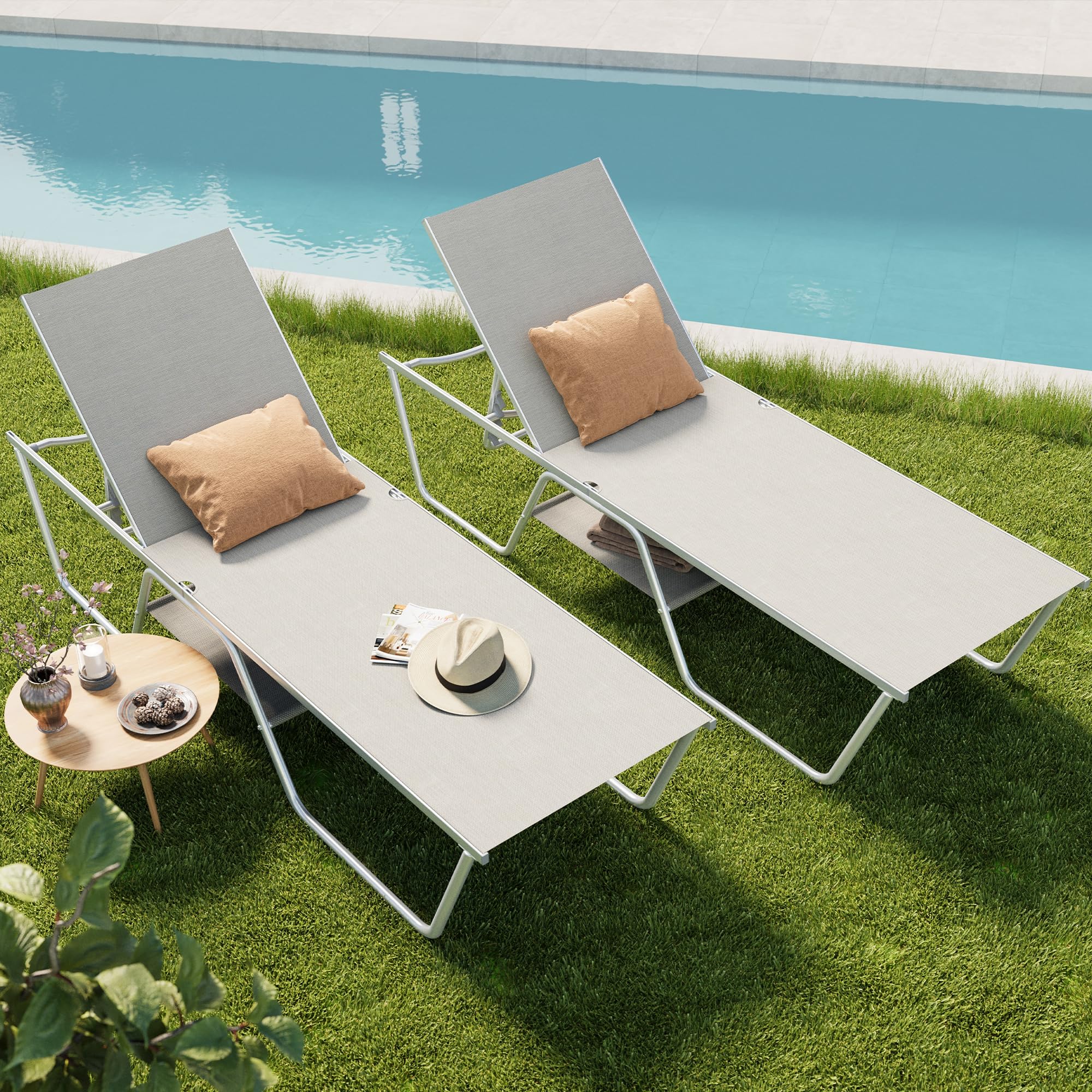 PHI VILLA 78" Oversized Outdoor Chaise Lounge Chair, 27" Extra Wide Foldable, 5-Position Adjustable, UV50+ Textilene Mesh, Rust-Proof Frame, Khaki Beige
