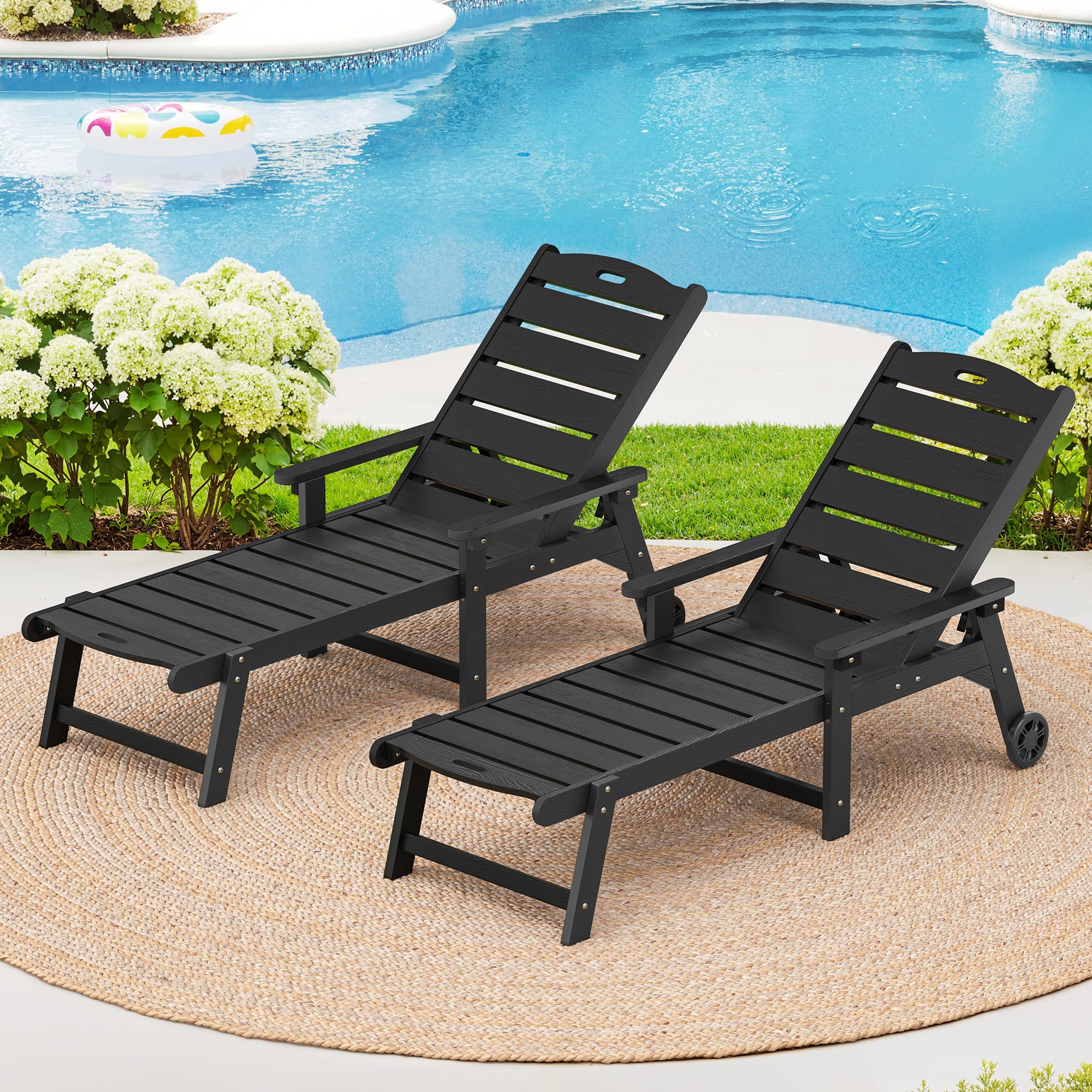 LUE BONA Outdoor Chaise Lounge Chairs Set of 2, HDPS Chaise Lounger, 5 Positions Adjustable Lounge Chairs, Pool Lounge Chair with Wheels for Poolside, Patio, Restaurant, 3 Year Warranty, Teak Color